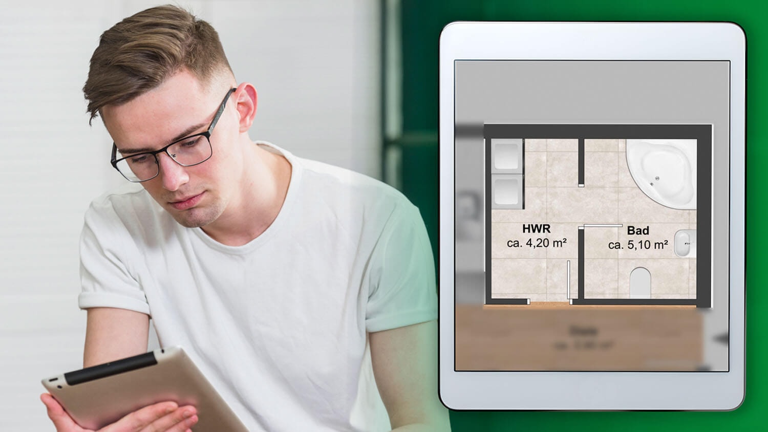 A man holds a tablet looking at something on it, while to the right another tablet floating over the image shows a detailed excerpt of the bathroom and utility room from a modern, colorful floor plan