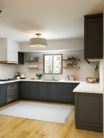 Rustic-style kitchen with dark grey cabinets and a white marble worktop, a wall built from white stones, and a small window above the centrally positioned sink.