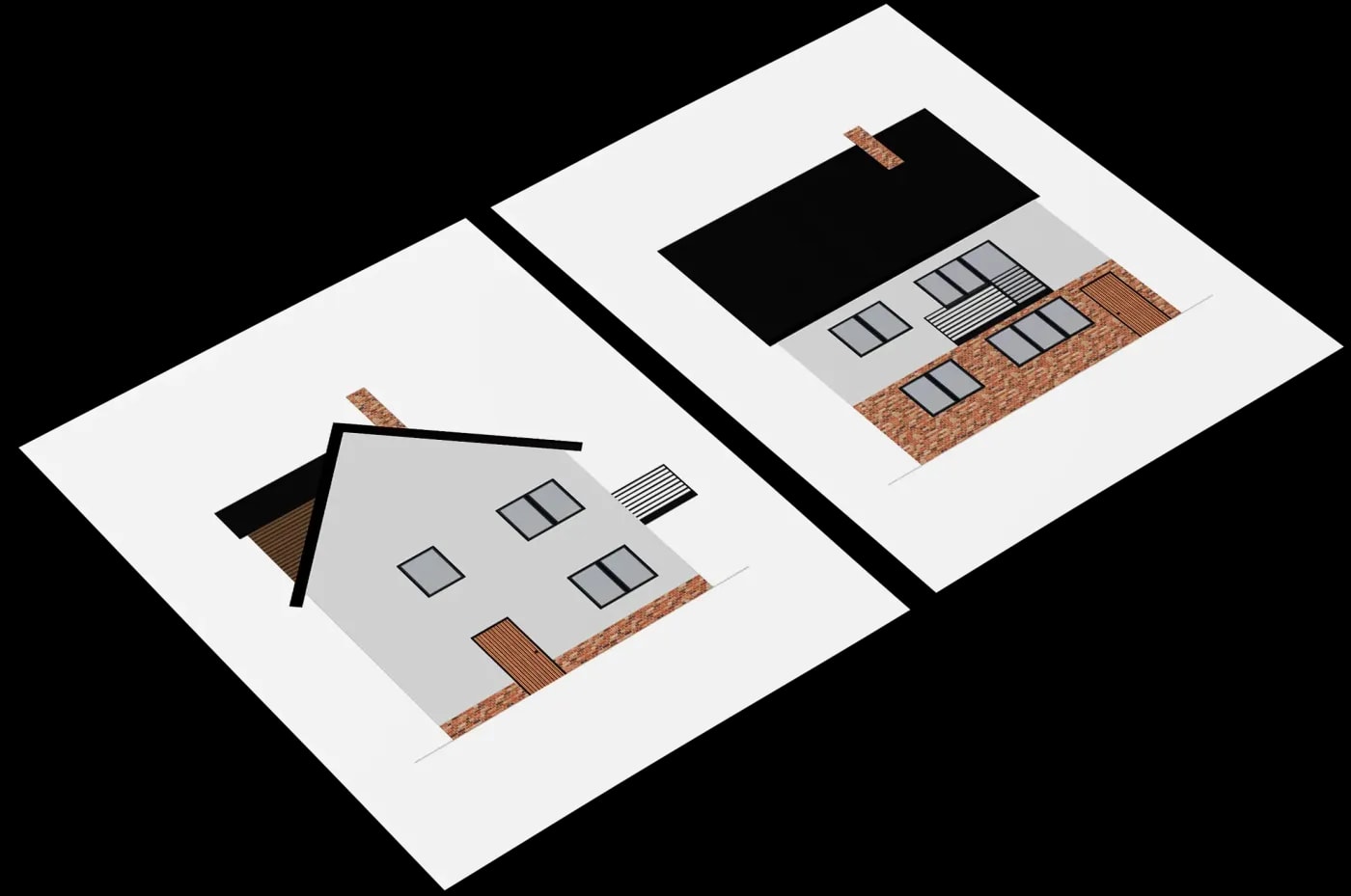 Colored exterior rendering of a two-story single-family house with a dormer, balcony, and chimney, shown in front and gable view