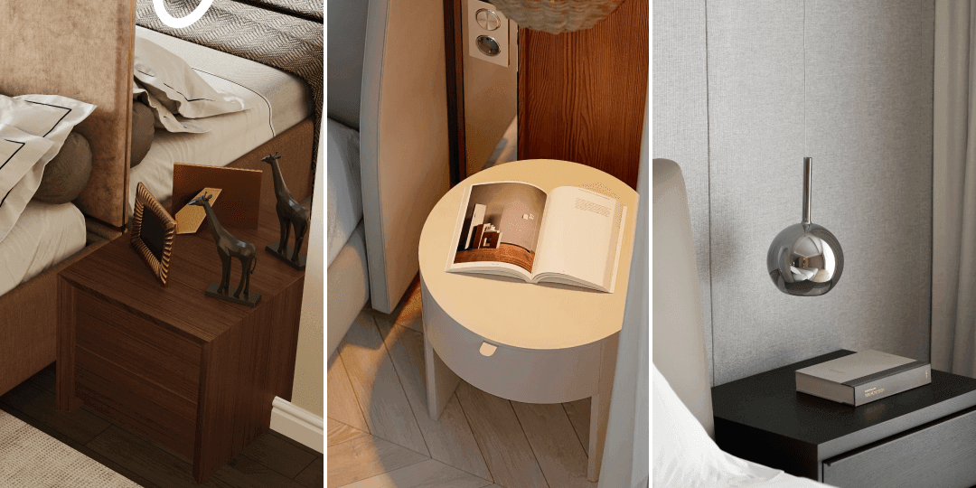 Three-part photo collage of close-up nightstand details in different hotel rooms: dark wood with giraffe figurines and a picture frame on the left, a round cream nightstand with an open book in the centre, and a plain black sideboard with a chrome wall lamp against a grey upholstered headboard on the right.