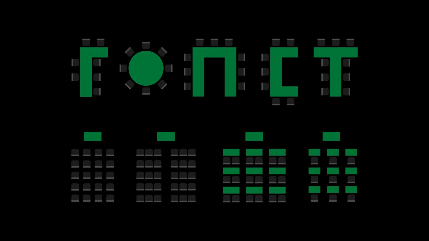 Schematic diagram of several possible seating arrangements for lecture or conference rooms.