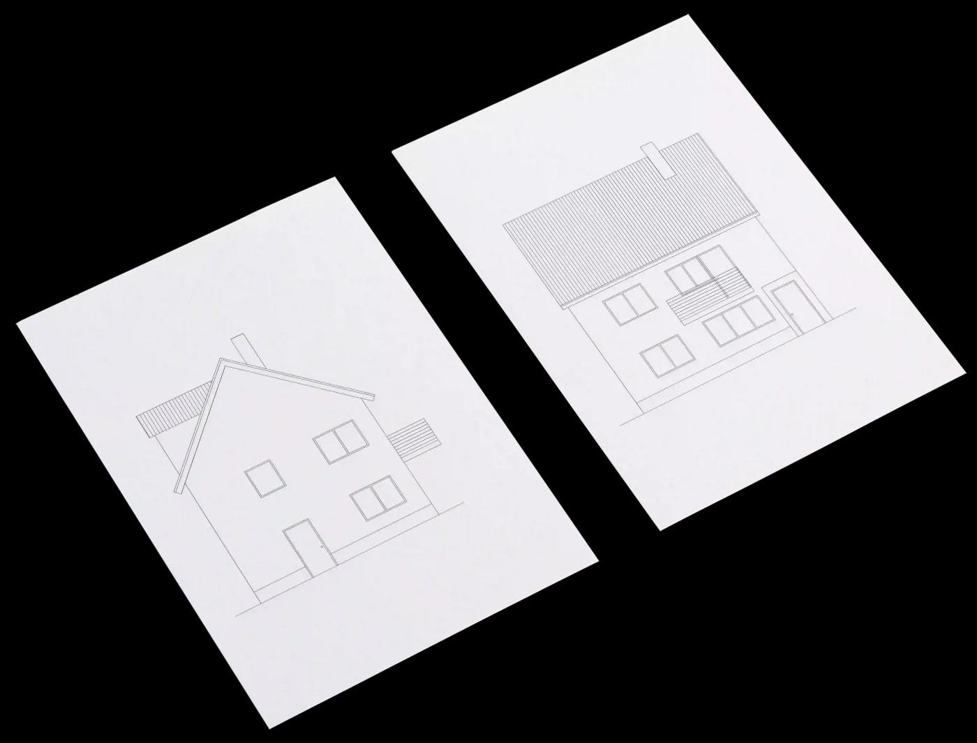 Sketch of the exterior of a two-story single-family house with a dormer, balcony, and chimney, shown in front and gable view