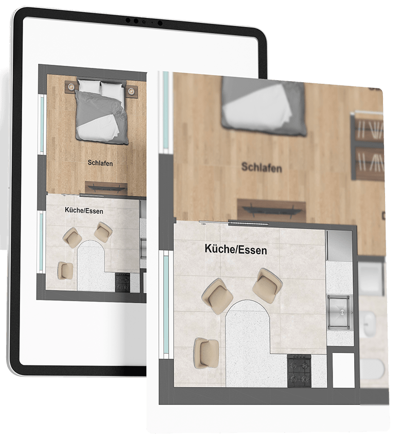 Enlarged detail view of a floor plan in which the kitchen adjoins the bedroom, hovering above a tablet on which the overall floor plan is indicated.