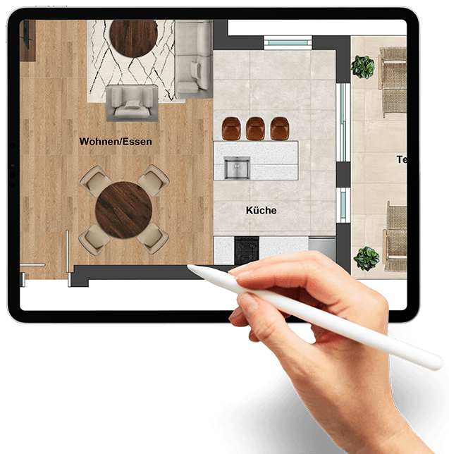 Close-up view of a floor plan on a tablet, showing an open kitchen forming a transition between the living and dining area and the terrace.