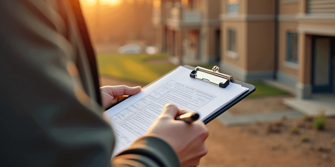 Person seen from behind, holding a clipboard and pen, standing in front of a multi-storey residential building in the evening light and filling in a form on a clipboard.