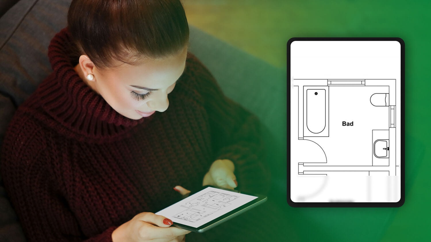 A woman holds up a tablet lighting it up, with a close-up detail of a bathroom floor plan floating over the image to the right
