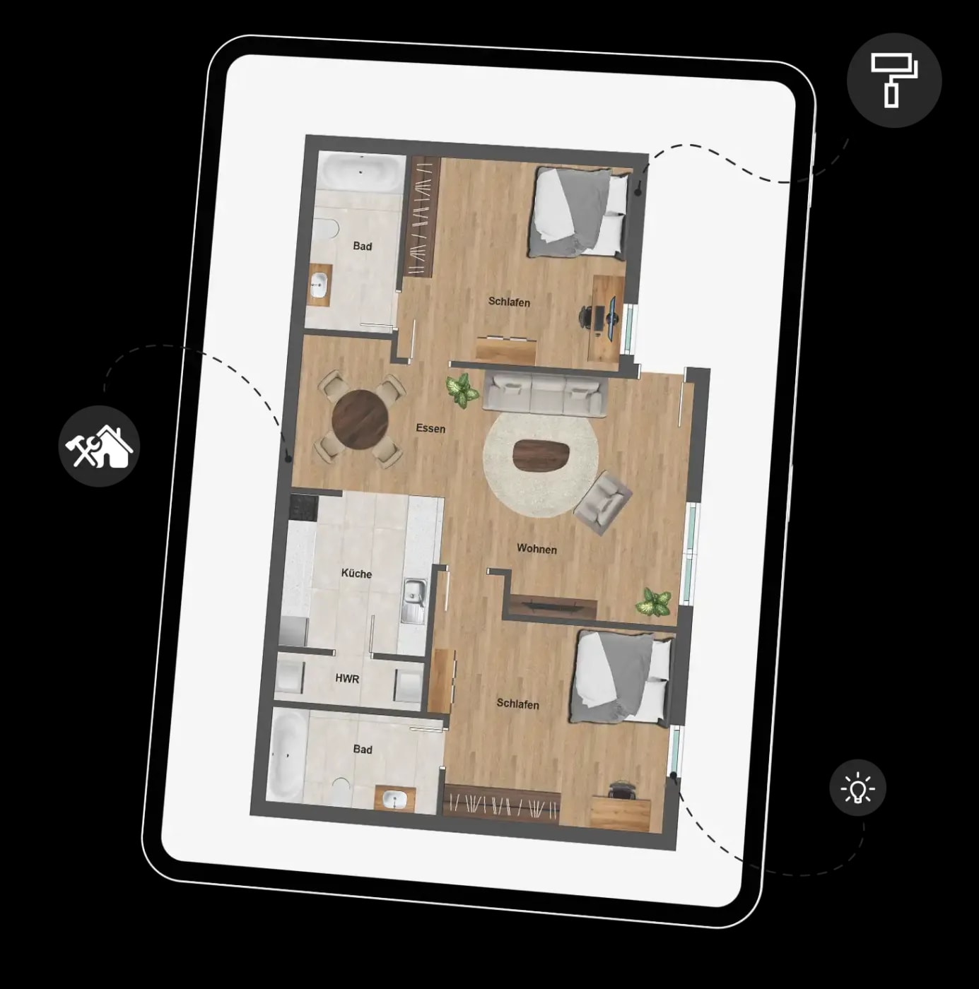 A tablet showing the modern floor plan of a 3-room apartment with 2 bathrooms and an open kitchen, marked with three icons highlighting special details such as lighting, wall color, and tradespeople