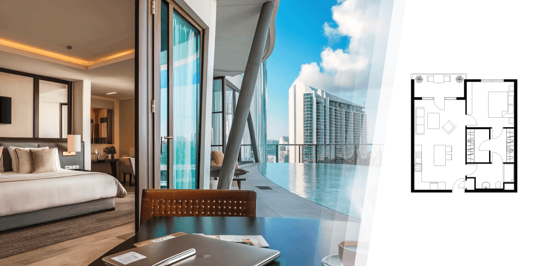 Composite image: on the left, a luxurious hotel room with a double bed and glazed sliding doors opening onto an outdoor pool with a city panorama; on the right, the corresponding black-and-white floor plan showing the bedroom, bathroom and living area.