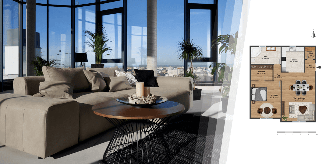Composite image: on the left, a spacious penthouse living room with floor-to-ceiling windows and a city view, a beige sofa and a round coffee table; on the right, a colour-coded 2D floor plan with labelled rooms and dimensions.