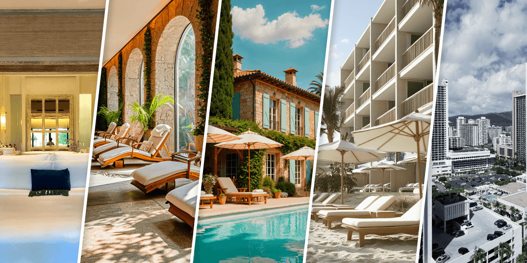 Five-part photo collage of different hotel types: an opulent boutique suite with a freestanding bathtub, a wellness indoor area with arched arcades and sun loungers, a rustic country hotel with a pool and stone facade, a modern beach resort with sun loungers in the sand, and a city hotel seen from a bird's-eye view.