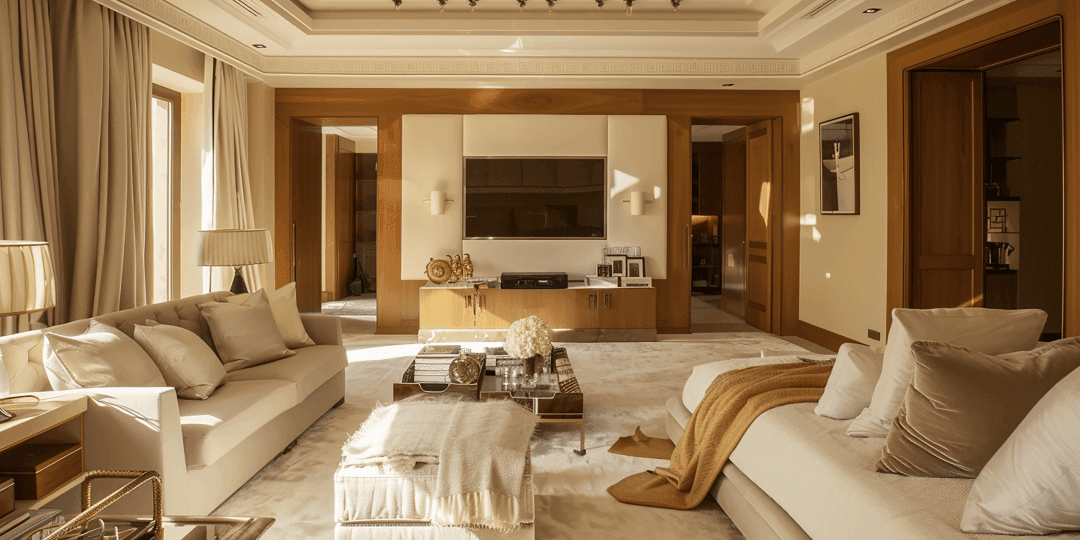 Elegant living area of a luxury hotel suite with cream-white sofas, warm wood decor and a large flat-screen TV, with further rooms visible in the background.