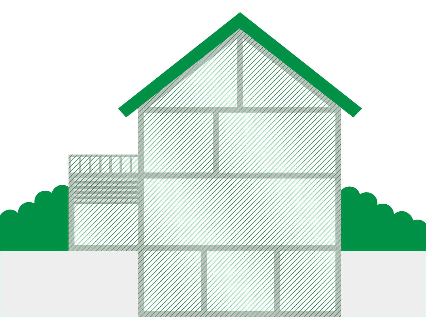 Schematic cross-section of a three-storey house with a basement and pitched roof, an attached carport and a balcony.