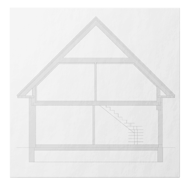 Cross-section drawing of a two-story single-family house with an attic and staircase, no basement