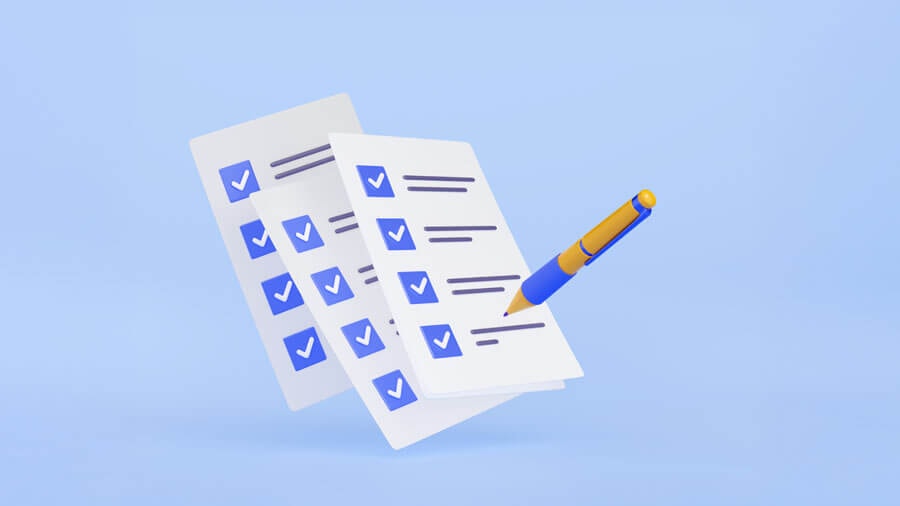 Schematic illustration of a multi-page checklist with all items ticked off with a ballpoint pen.