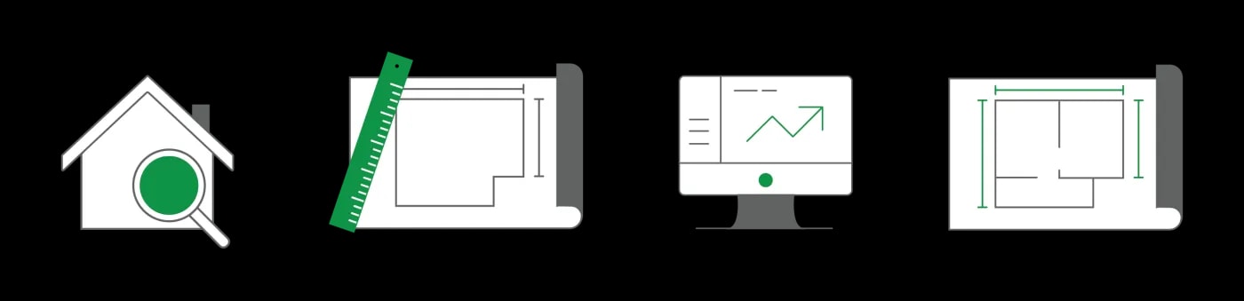 Four schematic icons symbolically representing manual measurement and laser scan measurement