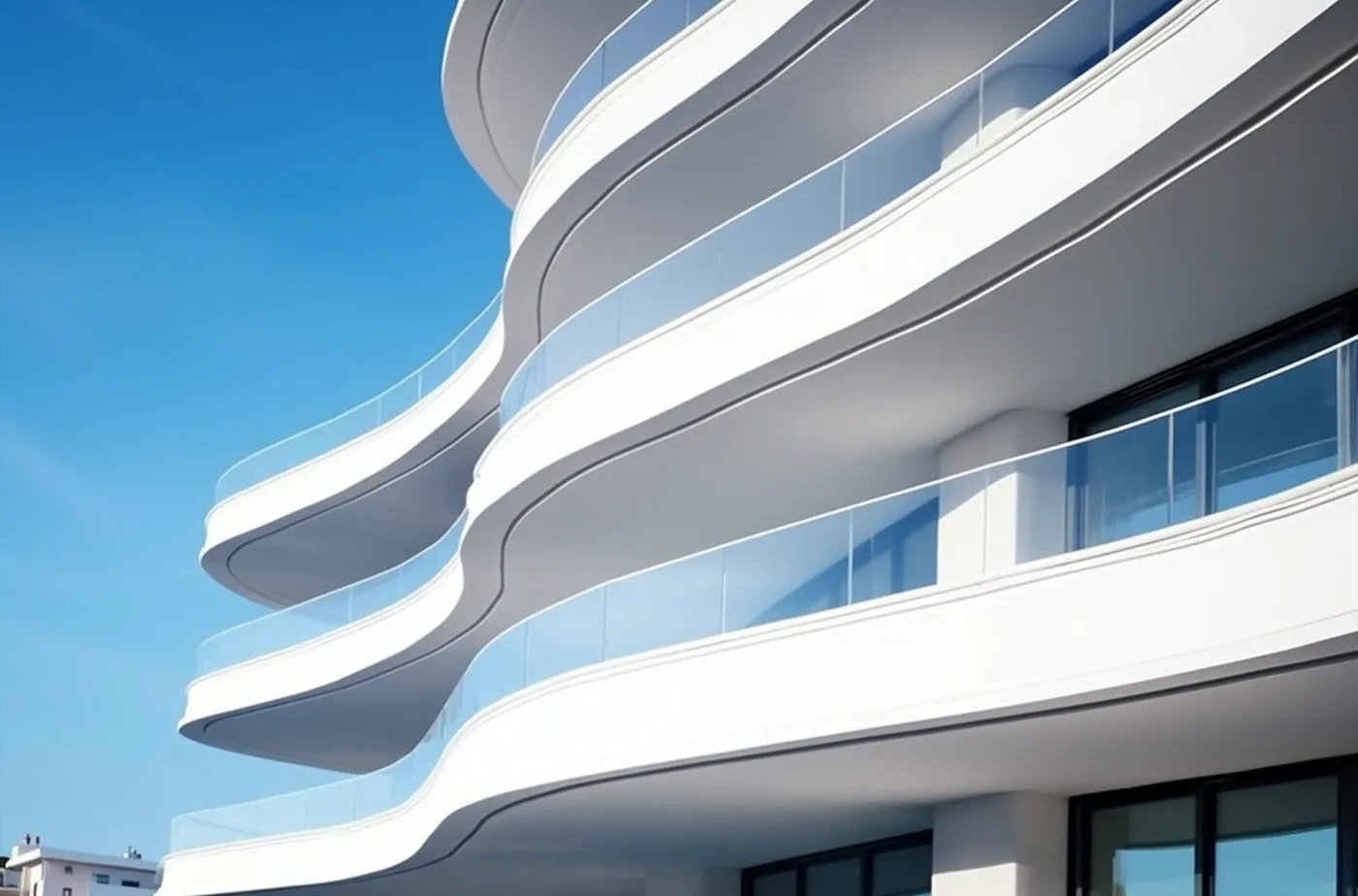 Detail view from below of the elongated balconies on one side of the 'White Swan' property