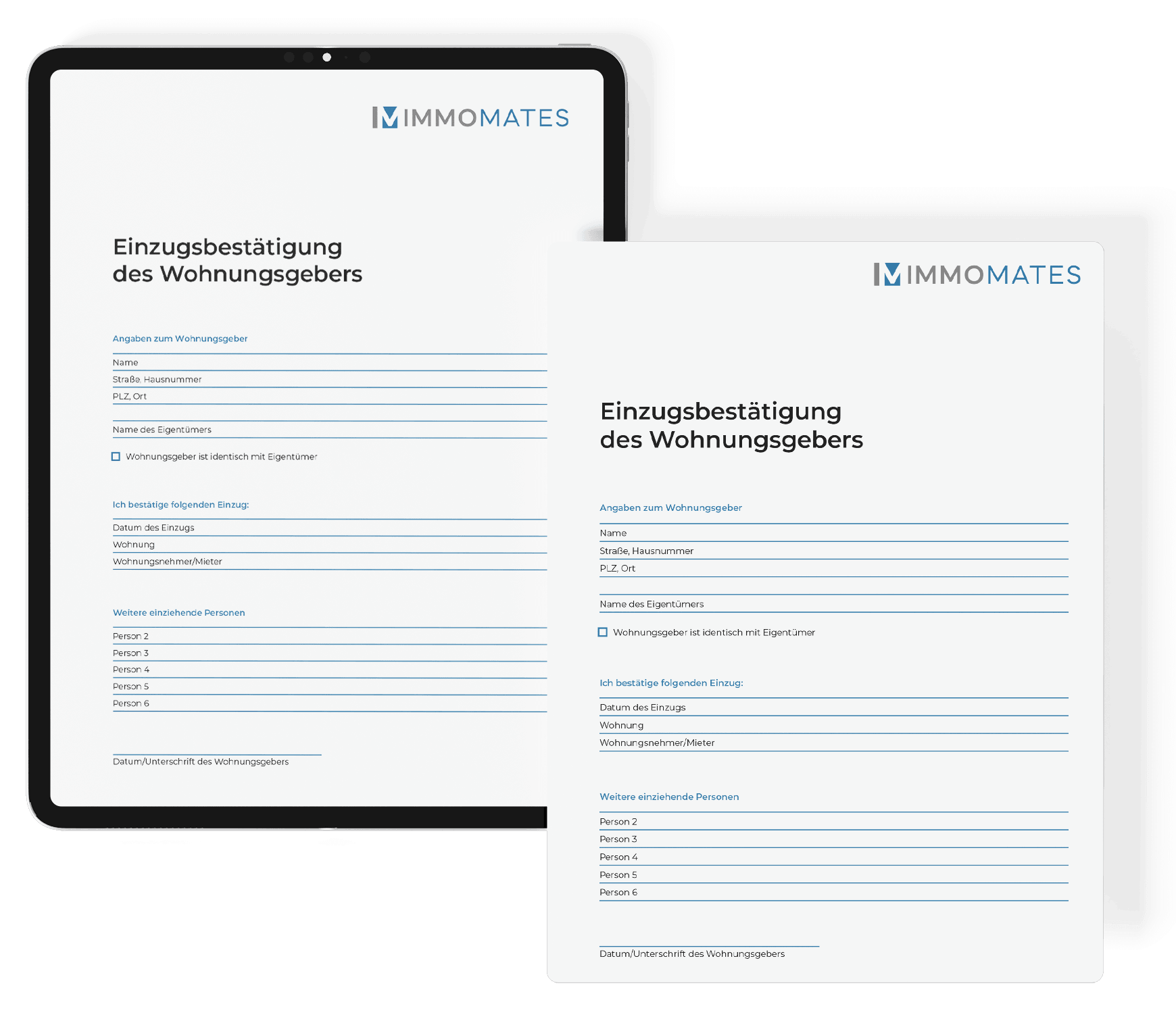 Form for the landlord's confirmation of residence in two variants: on a tablet and as a printed copy side by side, with fields for landlord and move-in details.