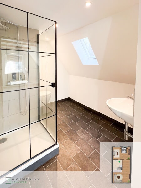 Photo of a bright upper-floor bathroom with a glass-enclosed shower, with a floor plan in the lower right corner highlighting the bathroom area.