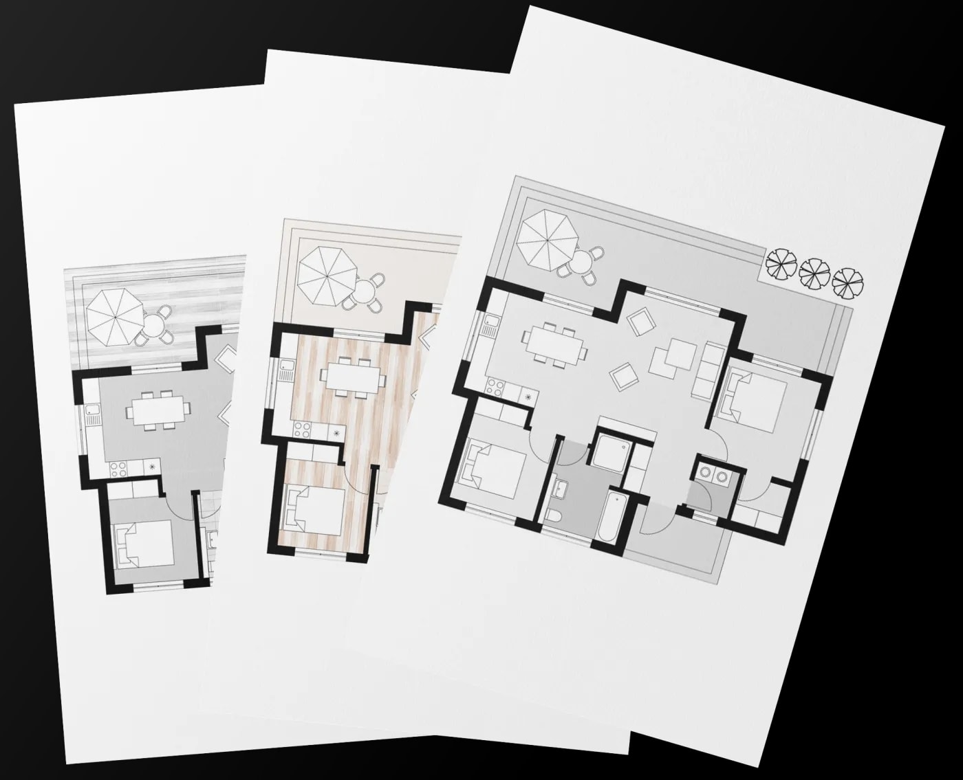 Three different versions of a 3-room apartment floor plan with a large living, kitchen and dining area and a generous terrace.