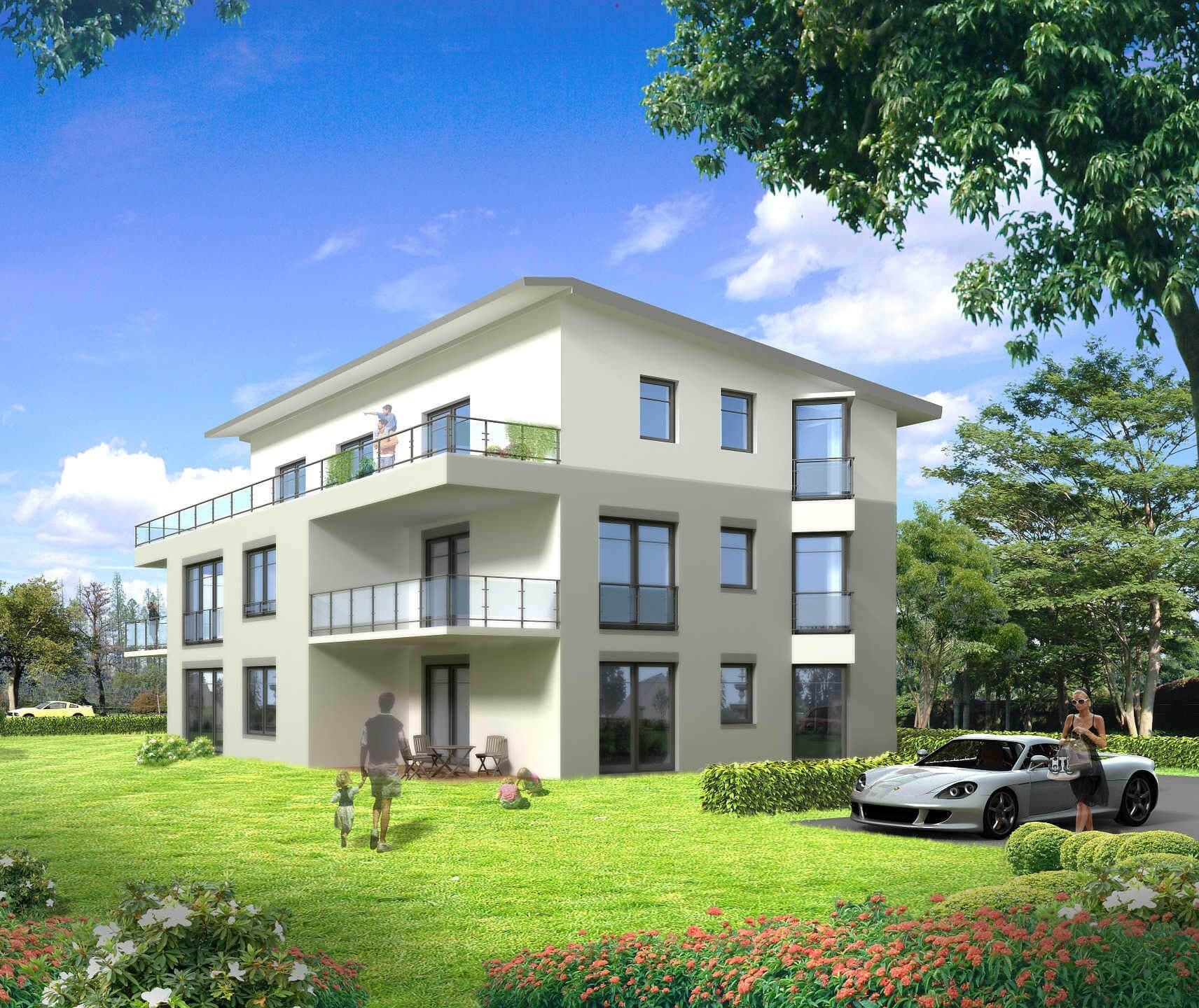 Modernes, weißes Mehrfamilienhaus auf einer Grünfläche mit drei Geschossen, Balkonen und Flachdach.
