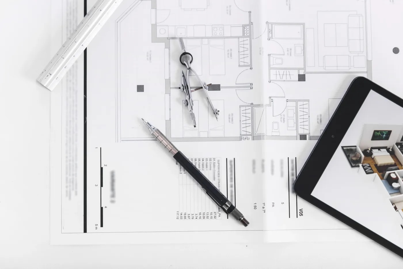 Close-up of a tablet, ruler, compass and pencil resting on a floor plan.