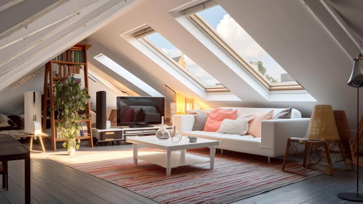 A furnished attic living room with a white sloped ceiling and three large skylights; a bright sofa with colourful cushions, a white coffee table, a colourful rug, a TV, and a bookshelf with houseplants.