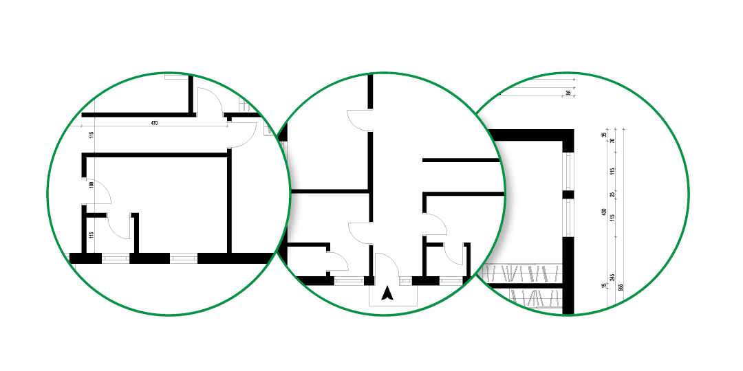 Three overlapping circles, each showing a detailed excerpt of a dimensioned floor plan