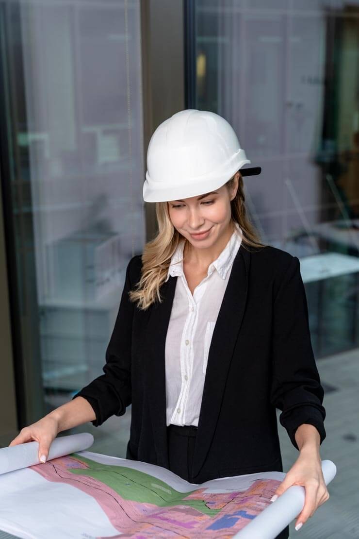 Professional woman wearing a white hard hat on a construction site