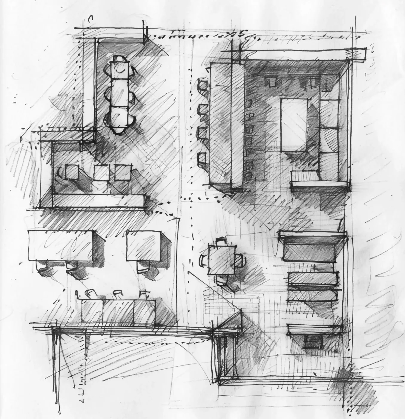 A rough, hand-drawn pencil sketch of a cafeteria area