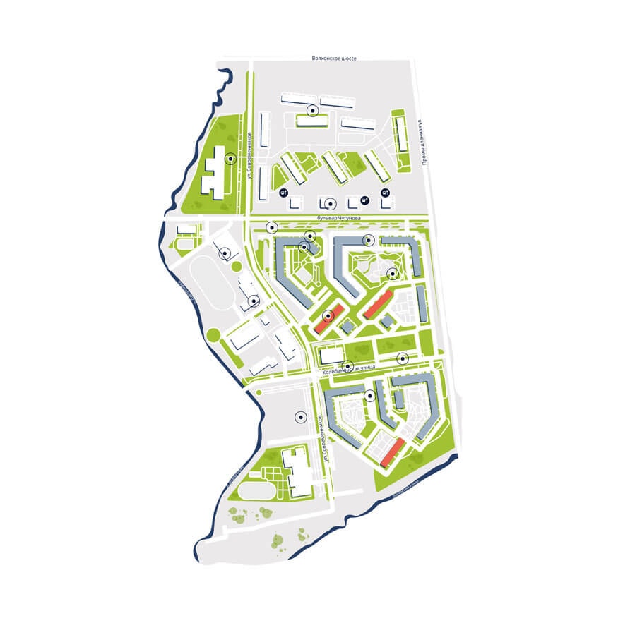 Section of an area map with location markers and several building complexes