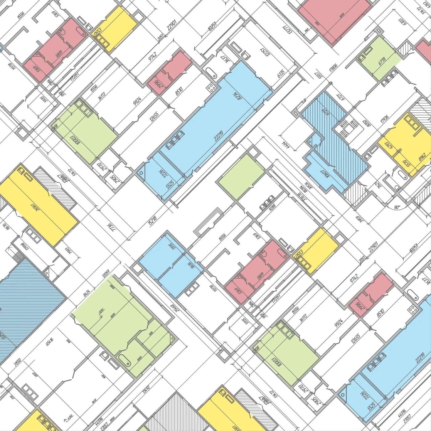 A four-color development plan of a larger building complex