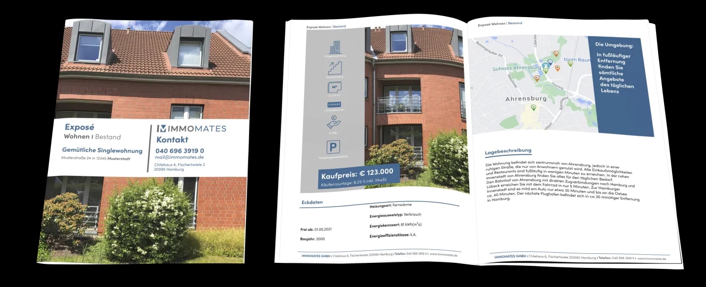 A bound sample property exposé in A4 format, shown once closed with cover and once open.