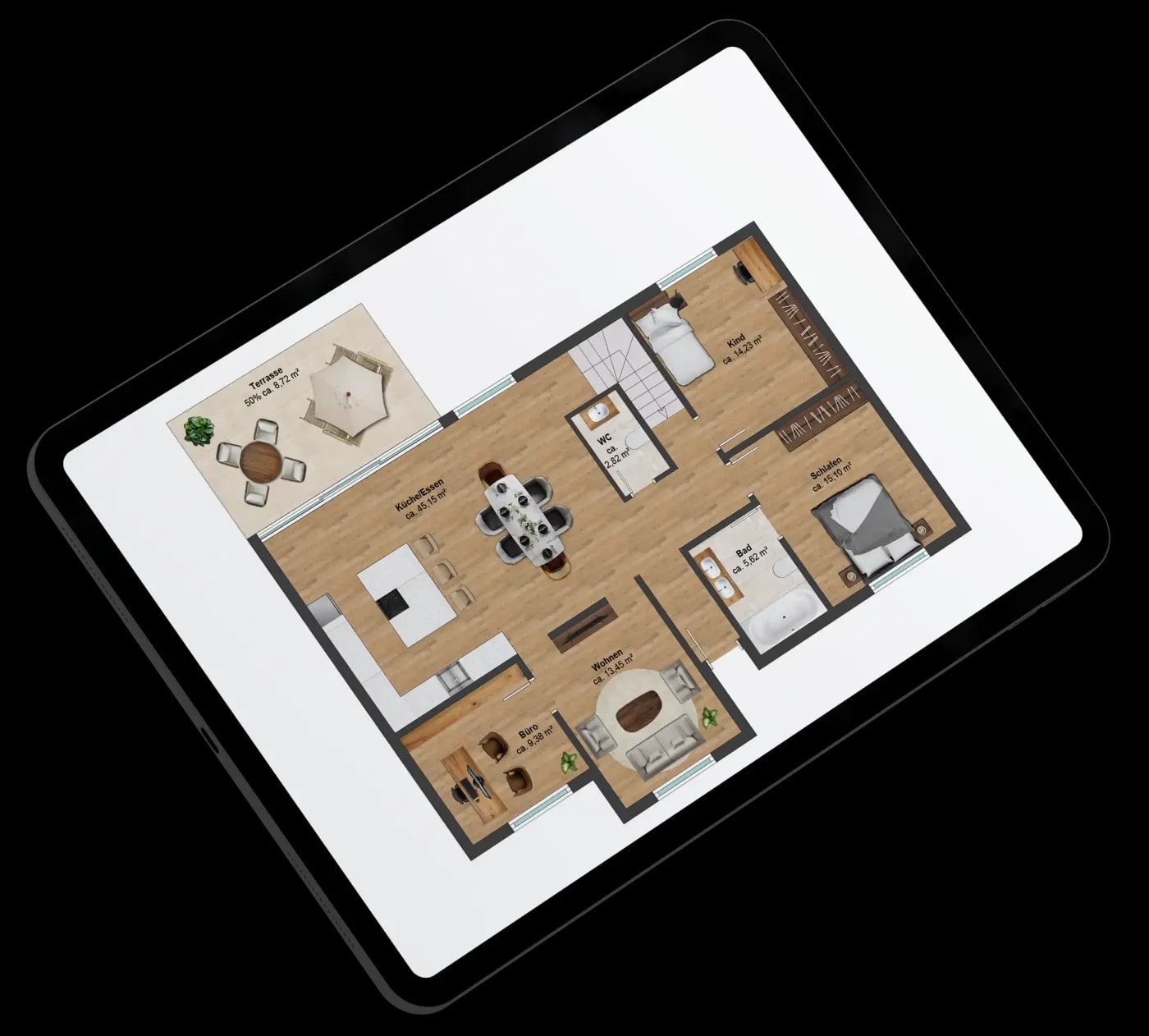 A tablet showing the colorful, modern floor plan of a 3-room apartment with an open kitchen, combined living and dining area, and two separate bathrooms