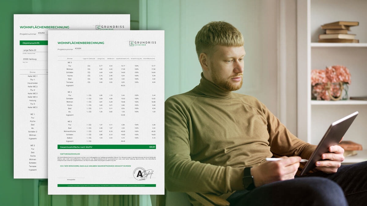 Two-page living space calculation with architect's stamp; in the background, a man concentrates on reading something on a tablet with a stylus in hand.