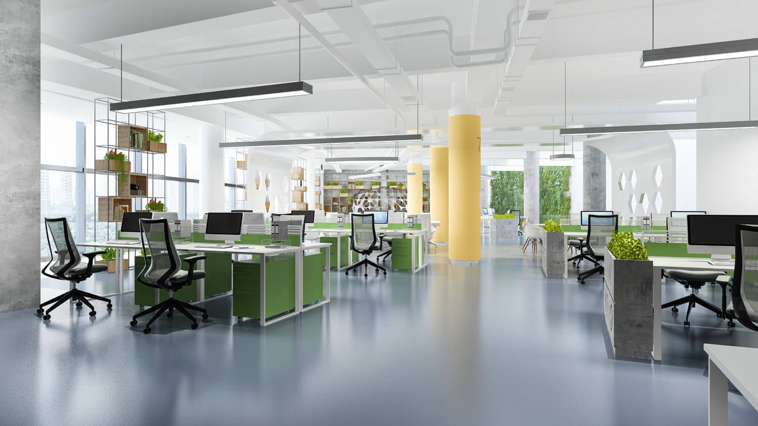 Typical open-plan office with desks arranged in pairs back to back, office chairs, plants, columns and large windows.