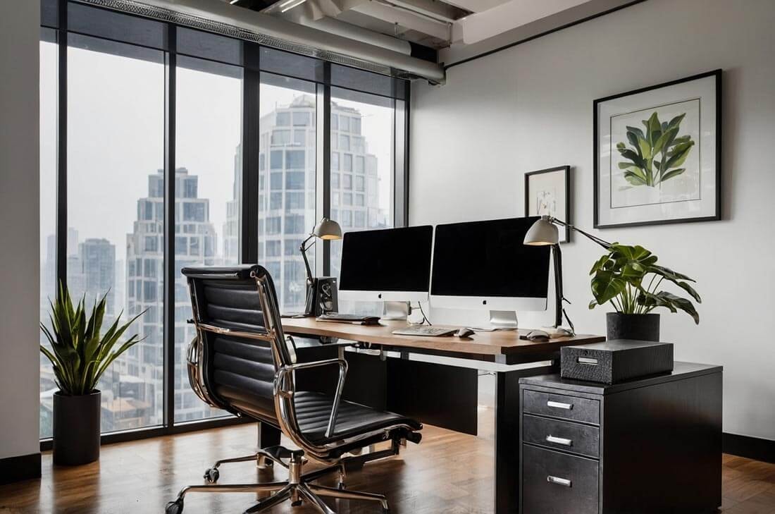 Upscale single office with two monitors on the desk, houseplants, wooden floor and a view of office tower blocks through the large window.