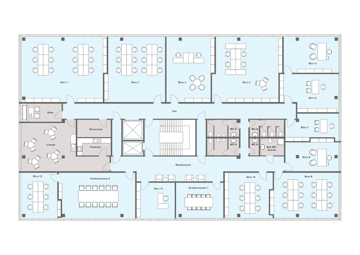 Two-color floor plan of an office floor with several offices, furniture and seating, as well as a stairwell and elevator.