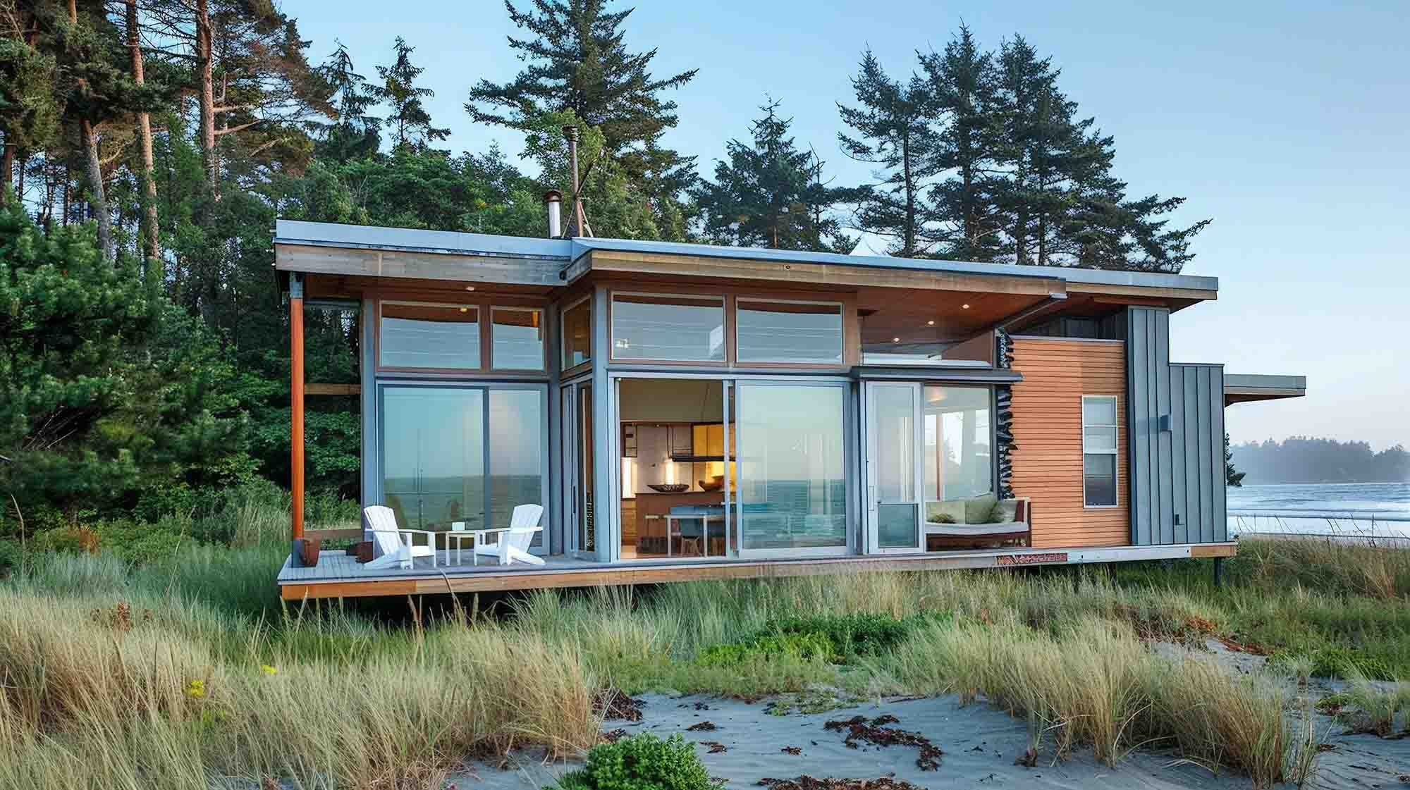 Front view of a modern flat-roof bungalow with a wide window front situated on a lakeside with coniferous trees behind the building.