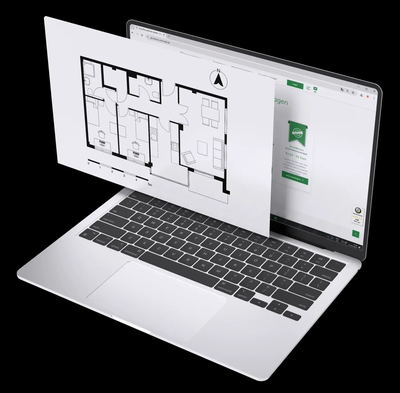 Close-up of a laptop with the Grundriss-Schmiede website on the screen, from which the floor plan of a 3-room apartment emerges.
