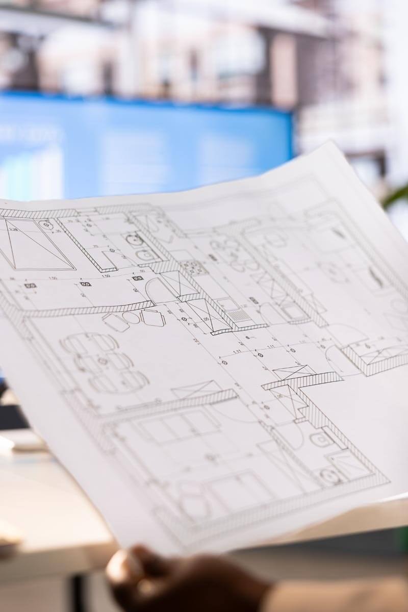 Close-up of a black-and-white floor plan with a large monitor in the background showing a predominantly blue background image
