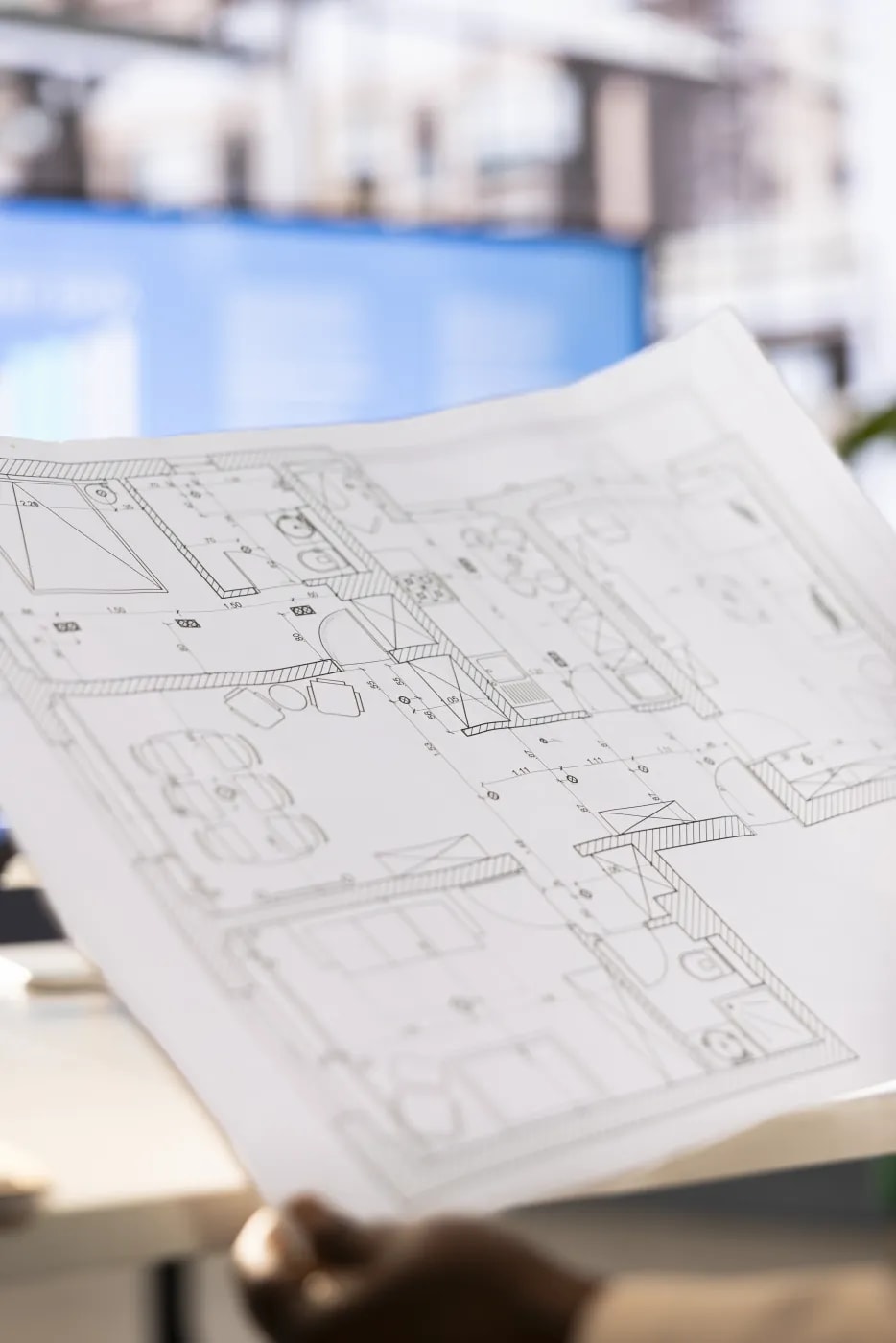 Close-up of a black-and-white floor plan with a large monitor in the background