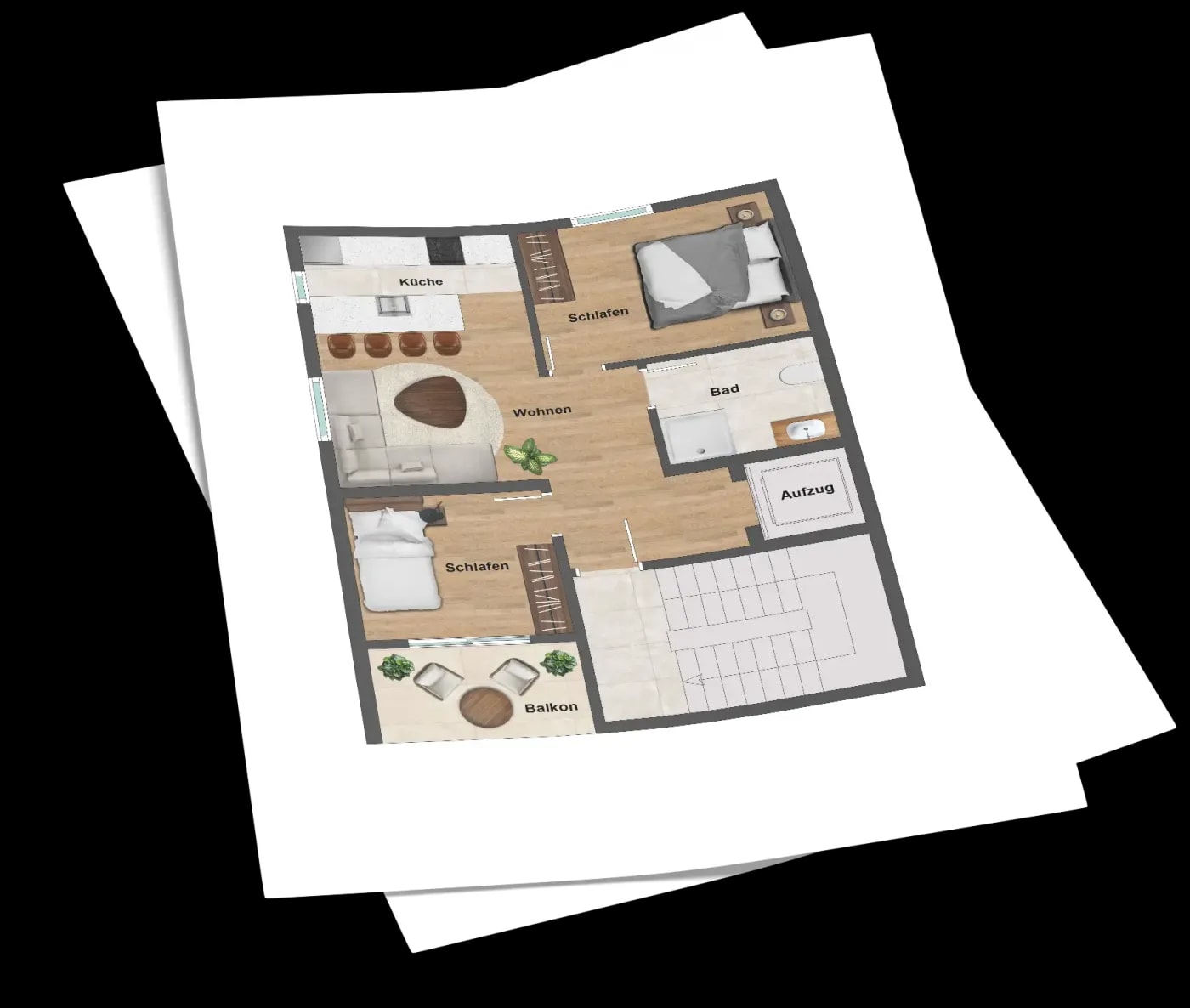 Two overlapping sheets of paper, with the modern floor plan of a 2.5-room loft with an open kitchen and lift on the top sheet.