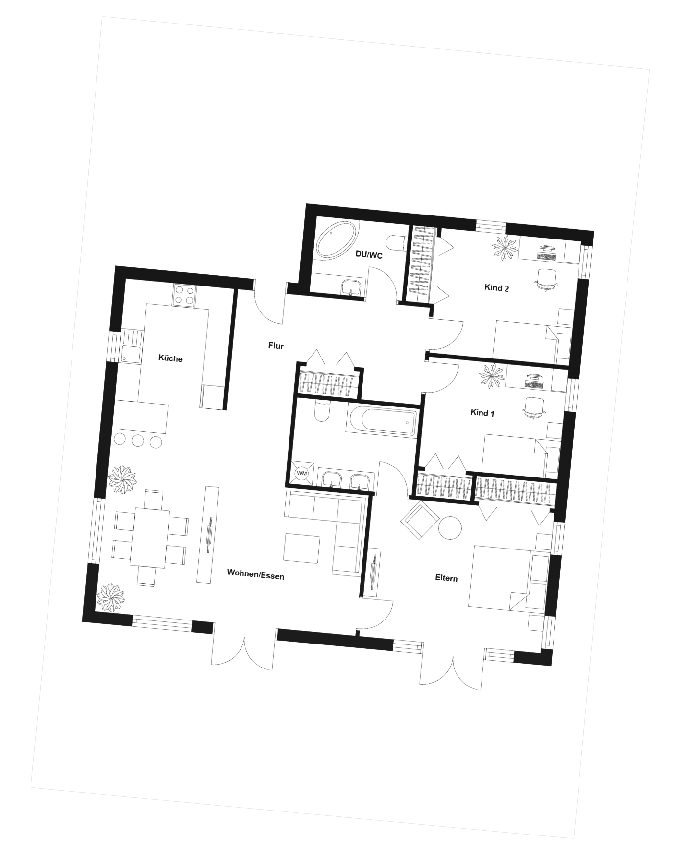 Classic floor plan of a 4-room apartment with one bathroom and one shower room with WC, an open kitchen, and a combined living and dining area