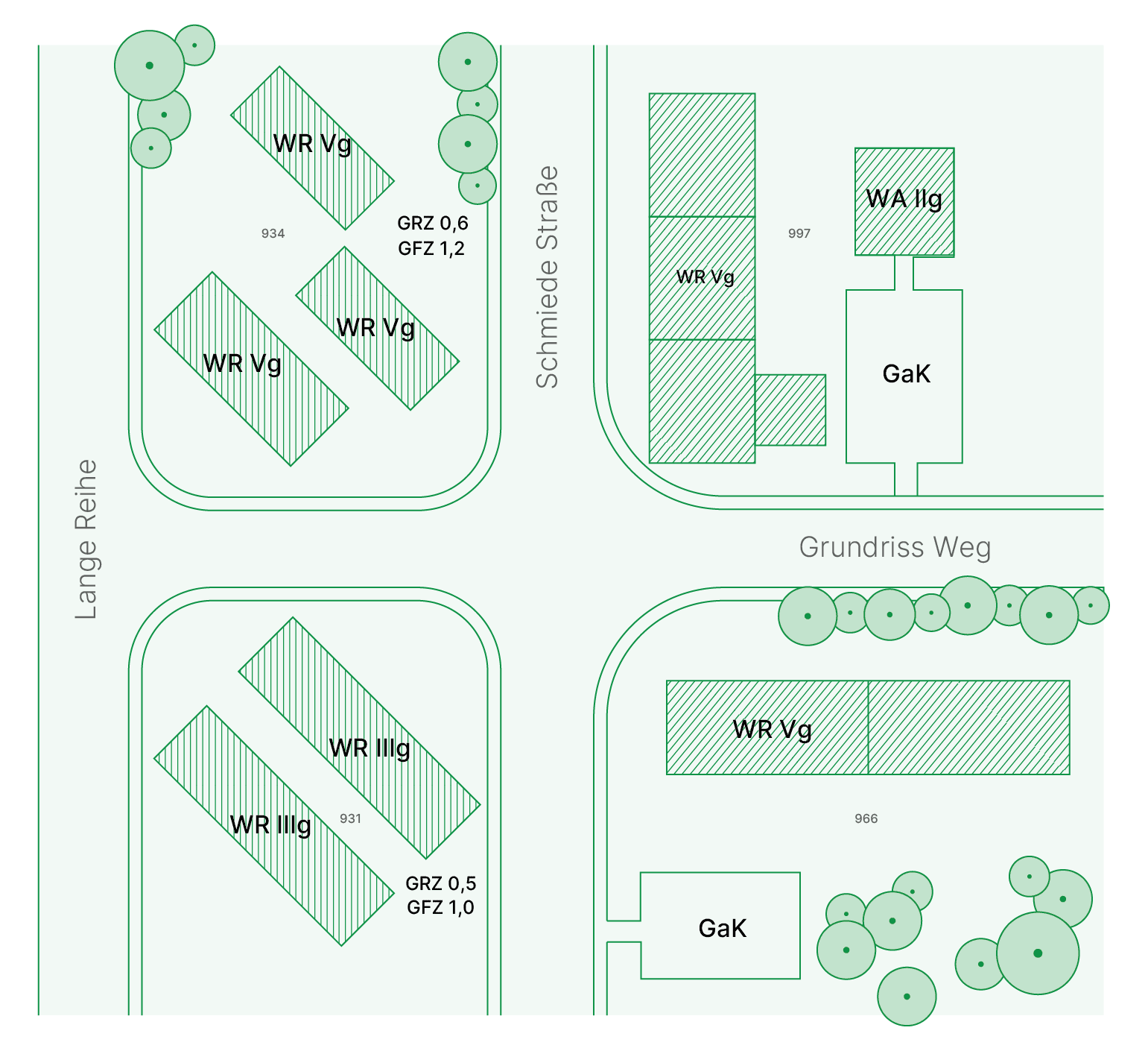 Detail of a zoning plan showing varied development, streets, and tree cover in green ink