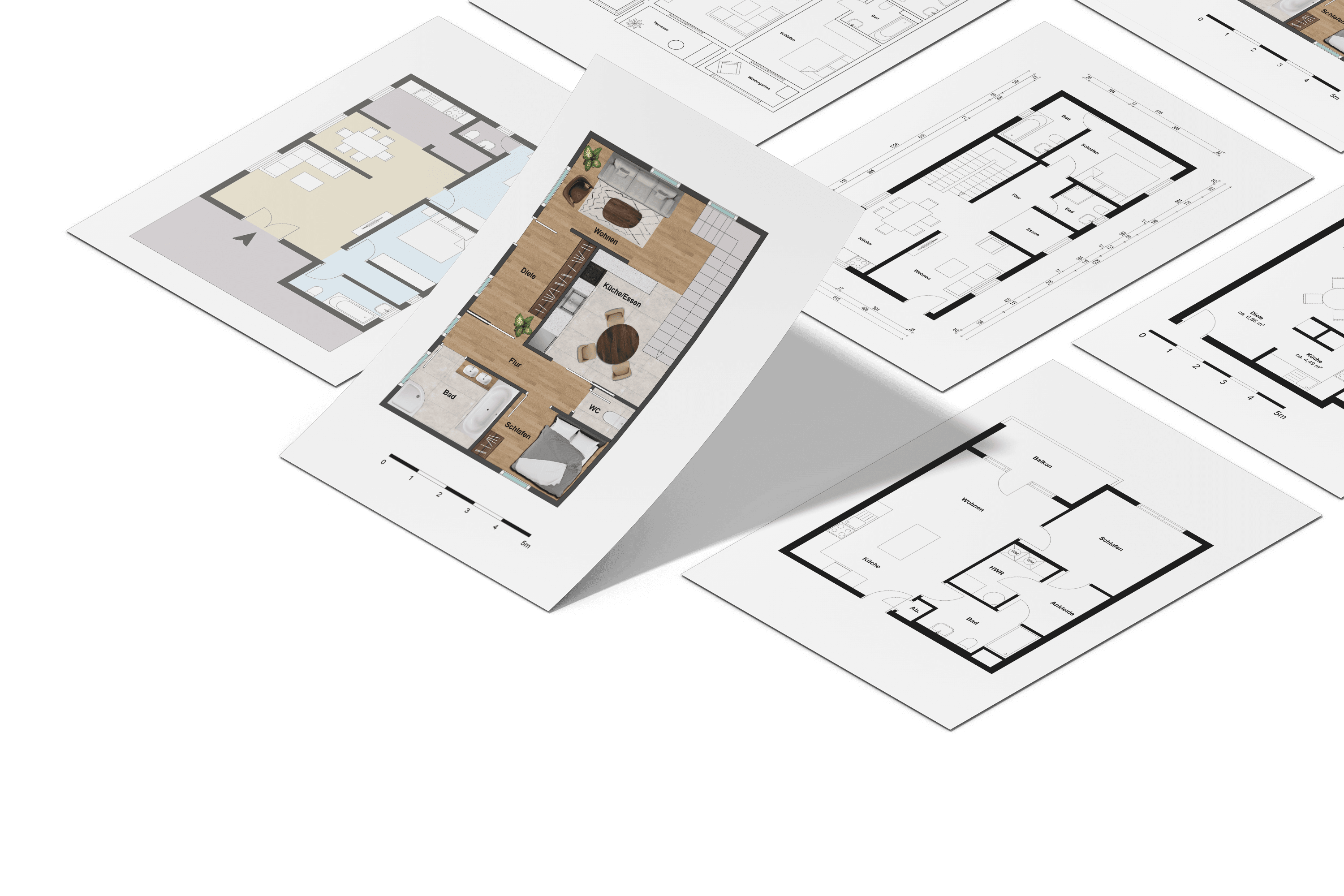 Several different types of floor plans spread out at an angle on a surface, such as a dimensioned floor plan, a modern floor plan, and a grey floor plan.