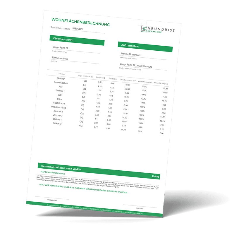 Tabular living space calculation by Grundriss Schmiede for a 5-room apartment