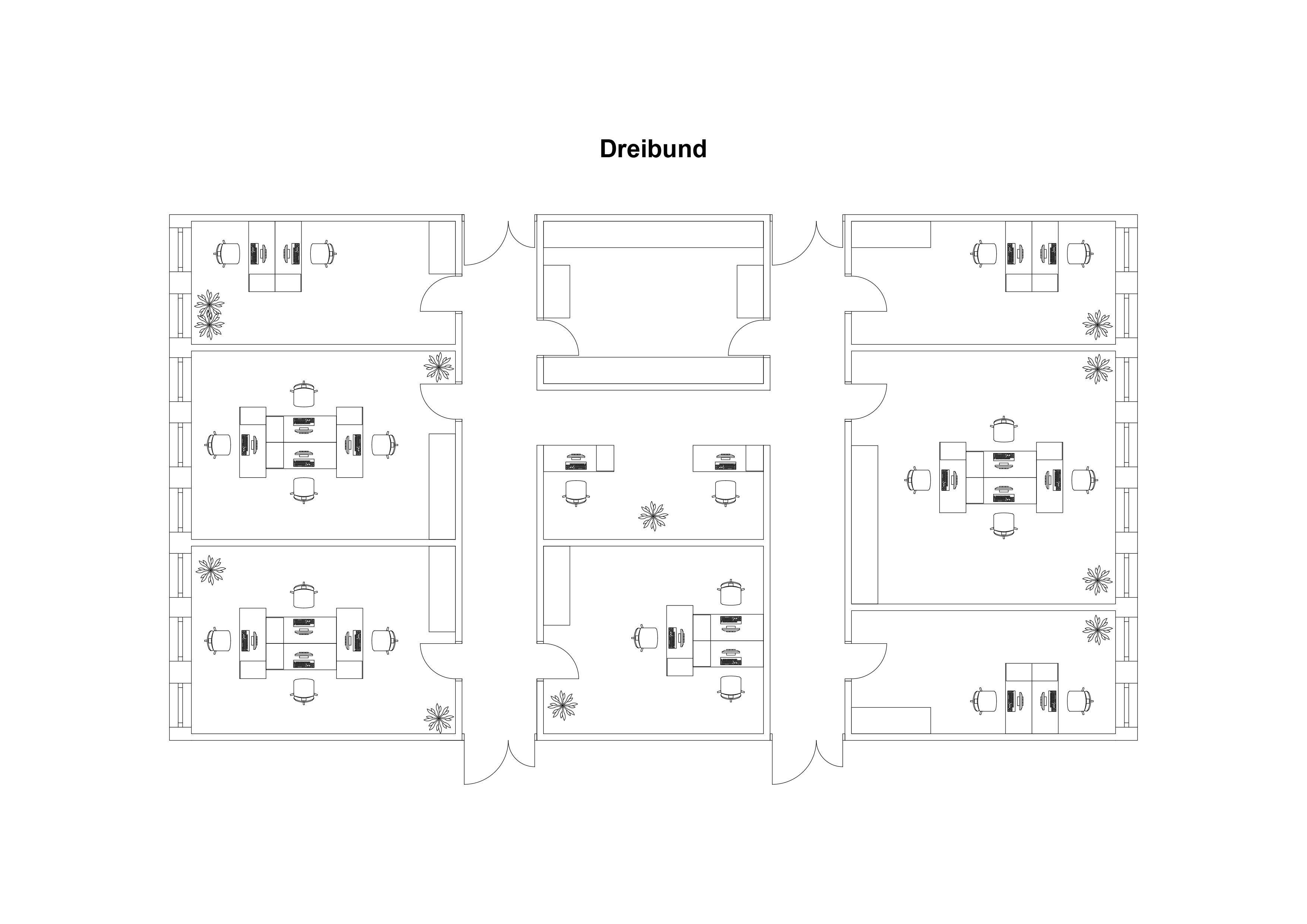 Detail view of a floor plan showing nine offices with a corridor between each unit of three offices in the centre and the label 'Three-bund'.