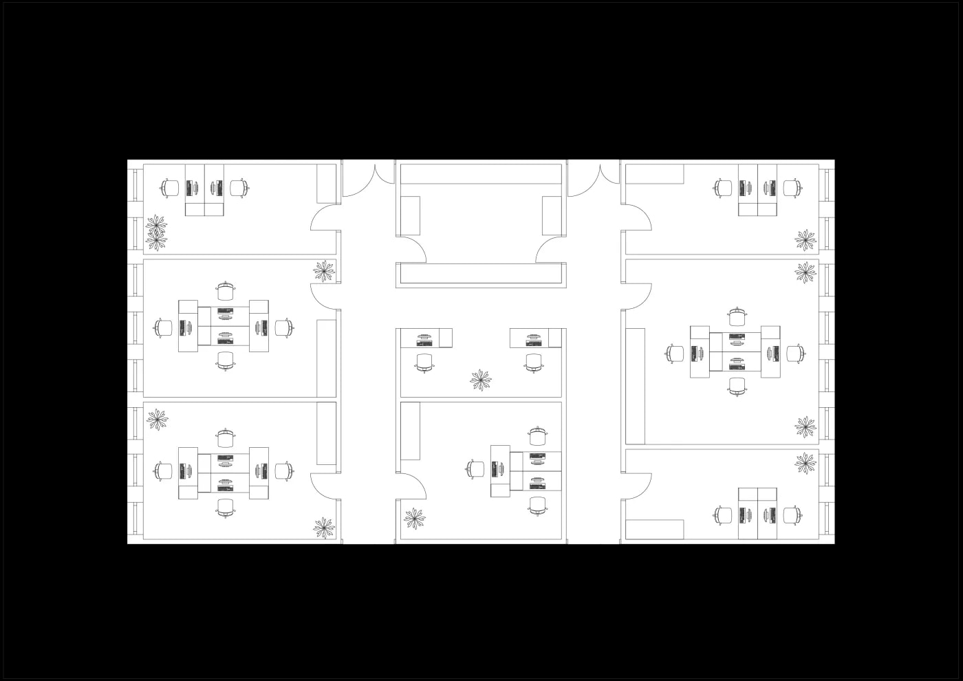 Detailansicht eines Grundrisses von neun Büros mit jeweils einem Flur zwischen einer Einheit von 3 Büros in der Mitte und der Beschriftung 'Dreibund'.