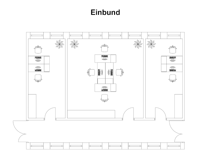 Detail view of a floor plan showing three offices as an office unit with a corridor along the long side and the label 'Single-bund'.