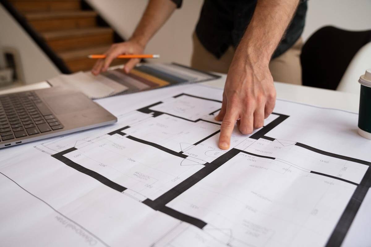 A person stands at a table with a floor plan spread out, an open laptop, and a furniture color swatch, pointing at a detail on the floor plan as if considering the right color